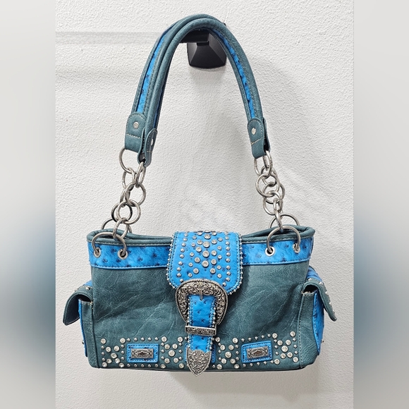 Montana West Teal and Blue Studded Concealwd Carry Shoulder Bag - Picture 2 of 16
